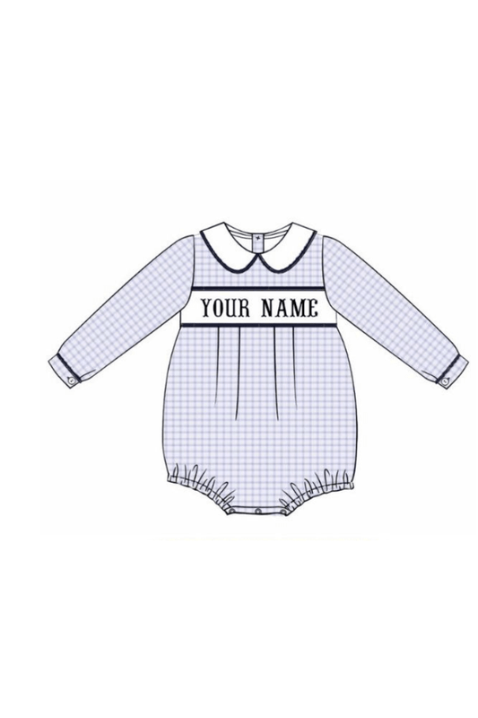 The Smocked Flamingo Hand Smocked Custom Name Light Blue Gingham Bubble