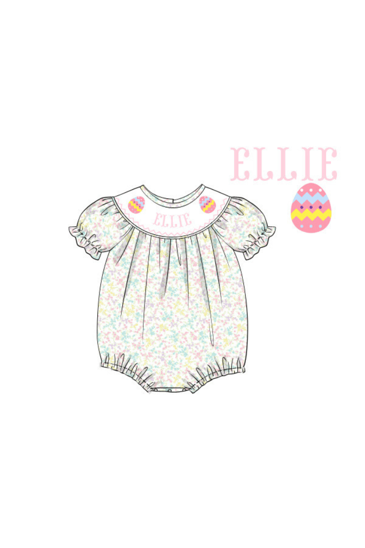 The Smocked Flamingo Hand Smocked Custom Name Pastel Floral Easter Egg Bubble