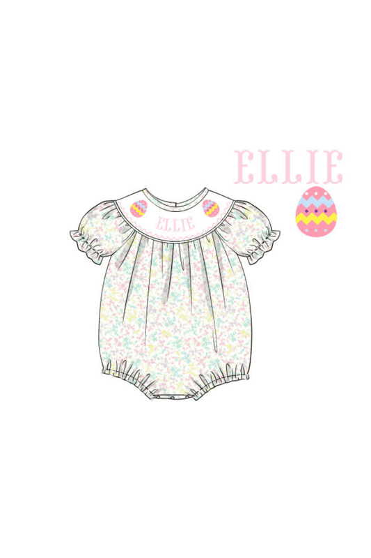 The Smocked Flamingo Hand Smocked Custom Name Pastel Floral Easter Egg Bubble