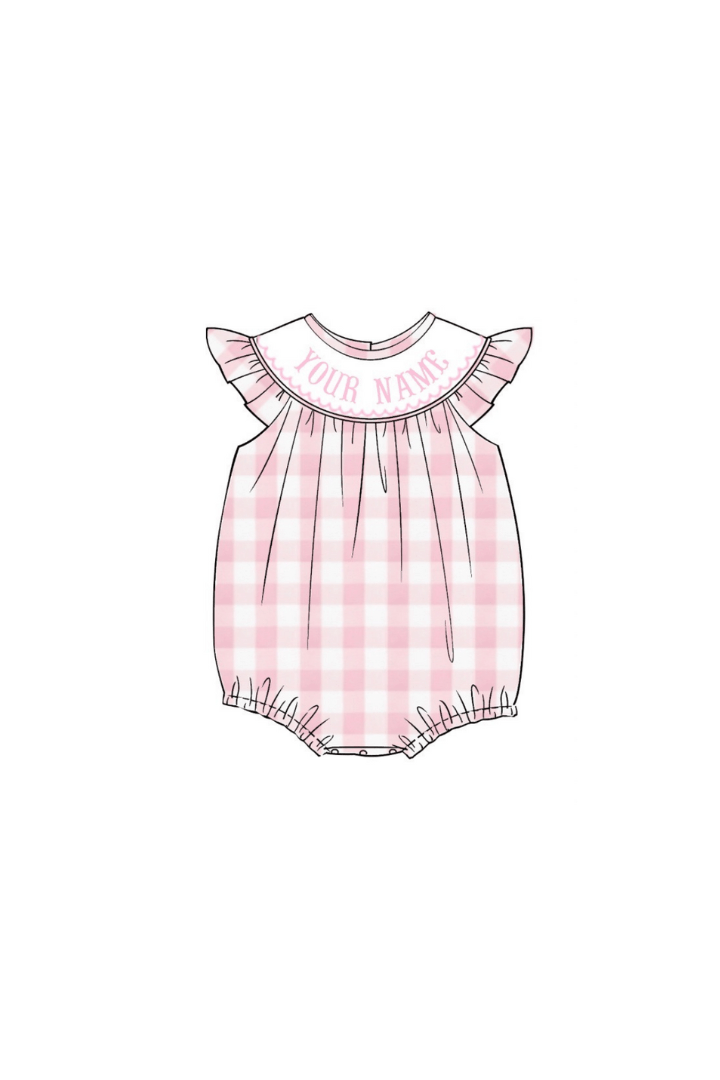 The Smocked Flamingo Hand Smocked Custom Name Pink and White Gingham Bubble