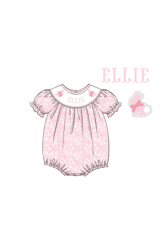 The Smocked Flamingo Hand Smocked Custom Name Pink Floral Bunny Bubble