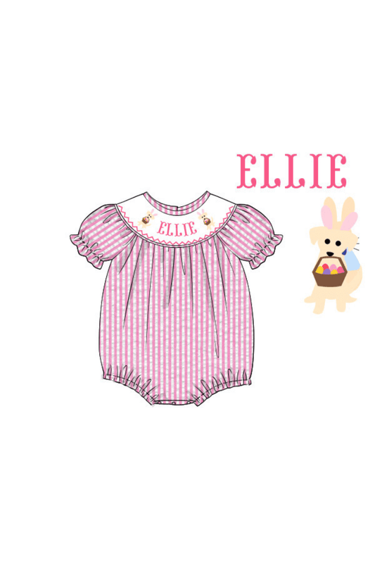 The Smocked Flamingo Hand Smocked Custom Name Pink Seersucker Easter Puppy Bubble