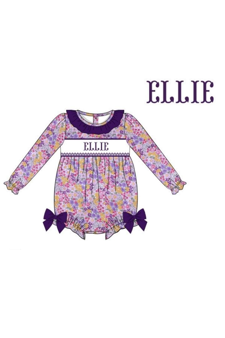 The Smocked Flamingo Hand Smocked Custom Name Plum Bow Floral Bubble