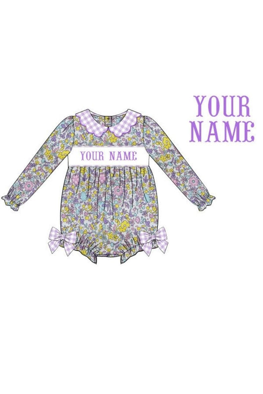 The Smocked Flamingo Hand Smocked Custom Name Purple Bow Floral Bubble