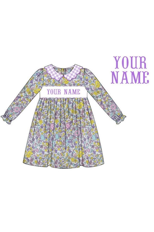 The Smocked Flamingo Hand Smocked Custom Name Purple Floral Dress