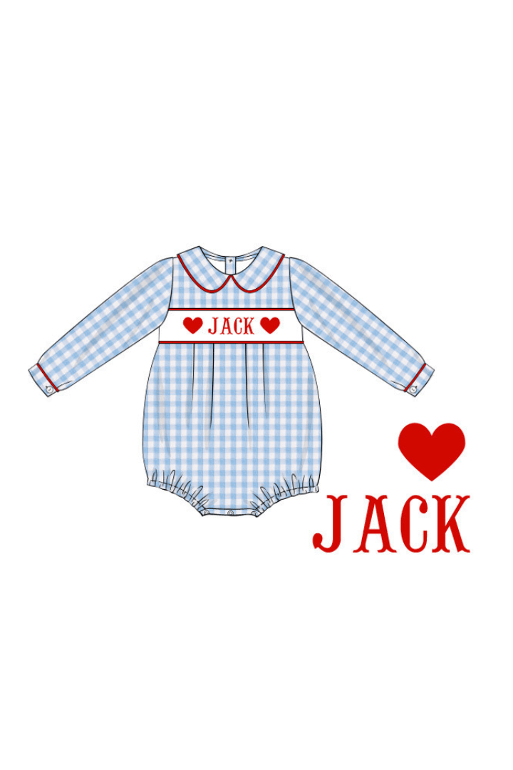 The Smocked Flamingo Hand Smocked HEART Custom Name Blue Gingham Bubble