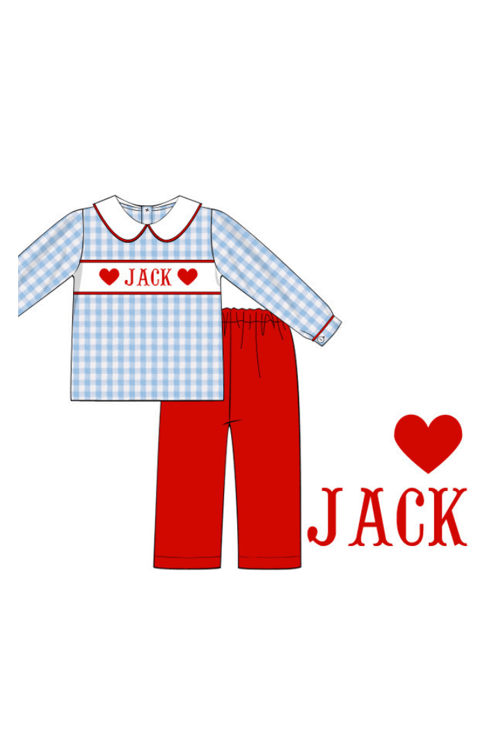 The Smocked Flamingo Hand Smocked Heart Custom Name Gingham Pant Set