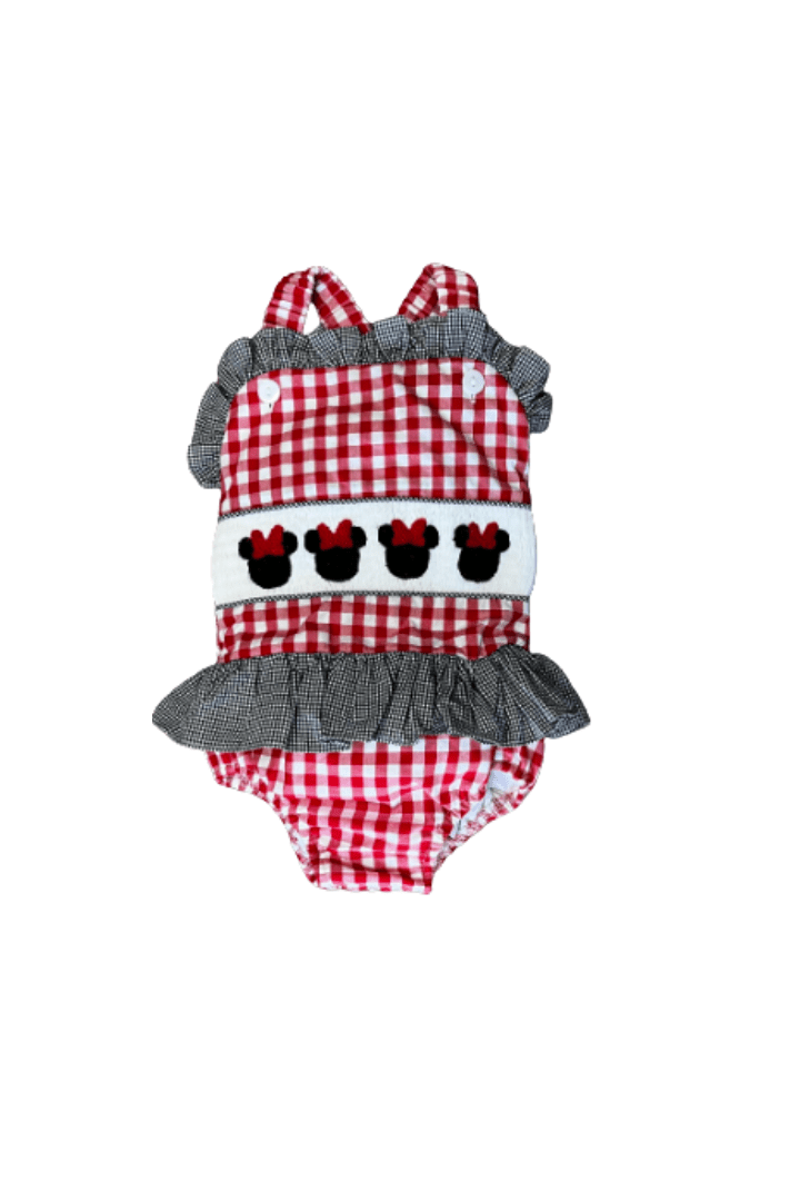 The Smocked Flamingo Hand Smocked Mouse Red Gingham Swimsuit