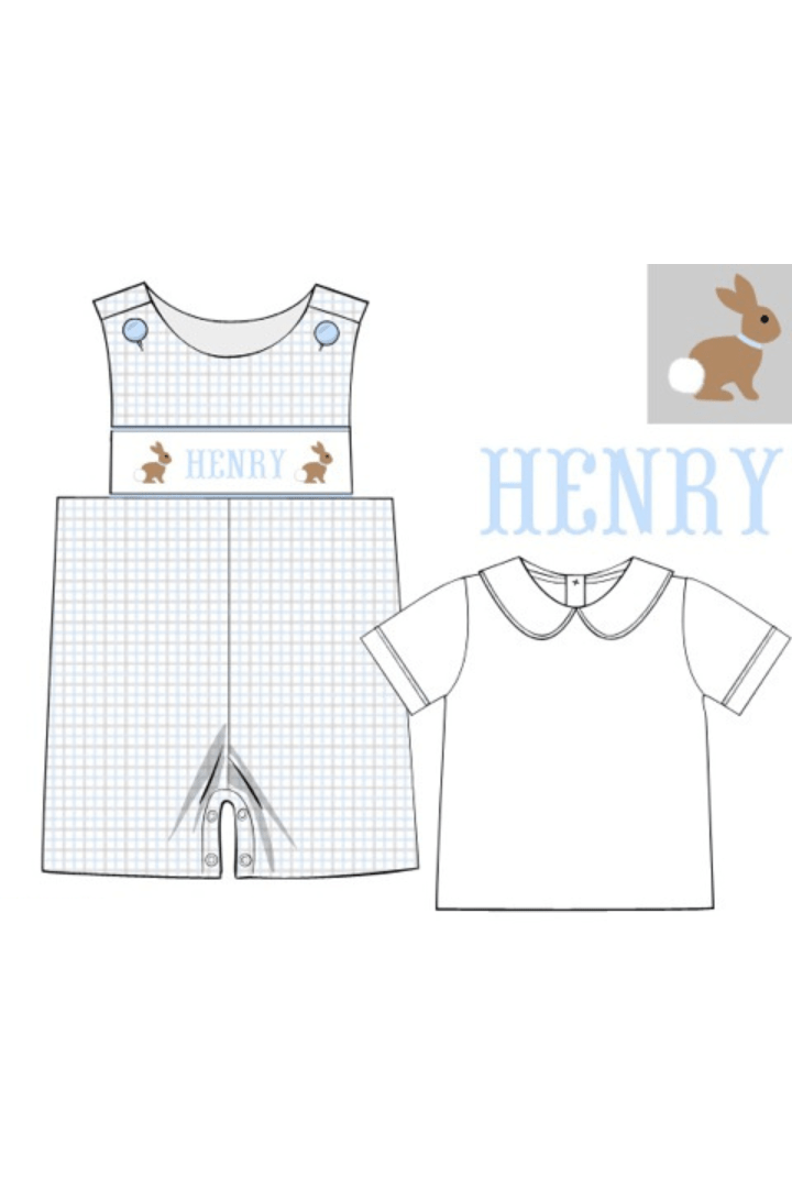 The Smocked Flamingo Hand Smocked Windowpane Name and Bunny Jon Jon with Shirt