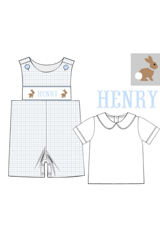The Smocked Flamingo Hand Smocked Windowpane Name and Bunny Jon Jon with Shirt