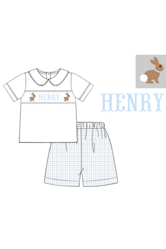 The Smocked Flamingo Hand Smocked Windowpane Name and Bunny Short Set