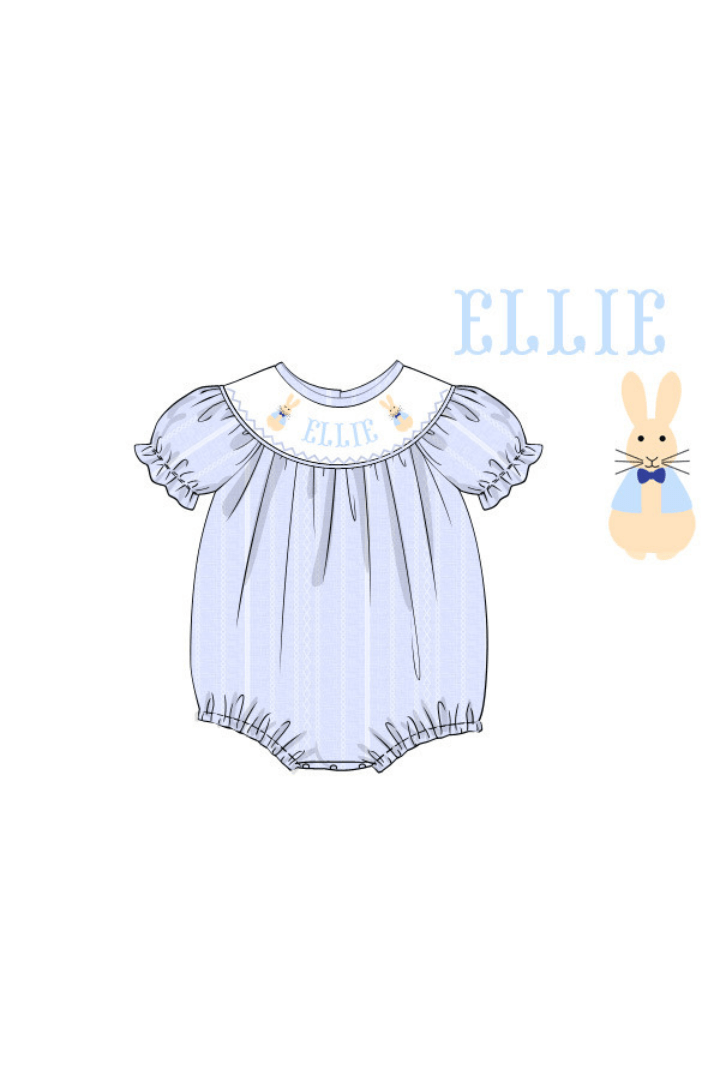 The Smocked Flamingo Newborn Hand Smocked Custom Name Blue Linen Bunny Bubble