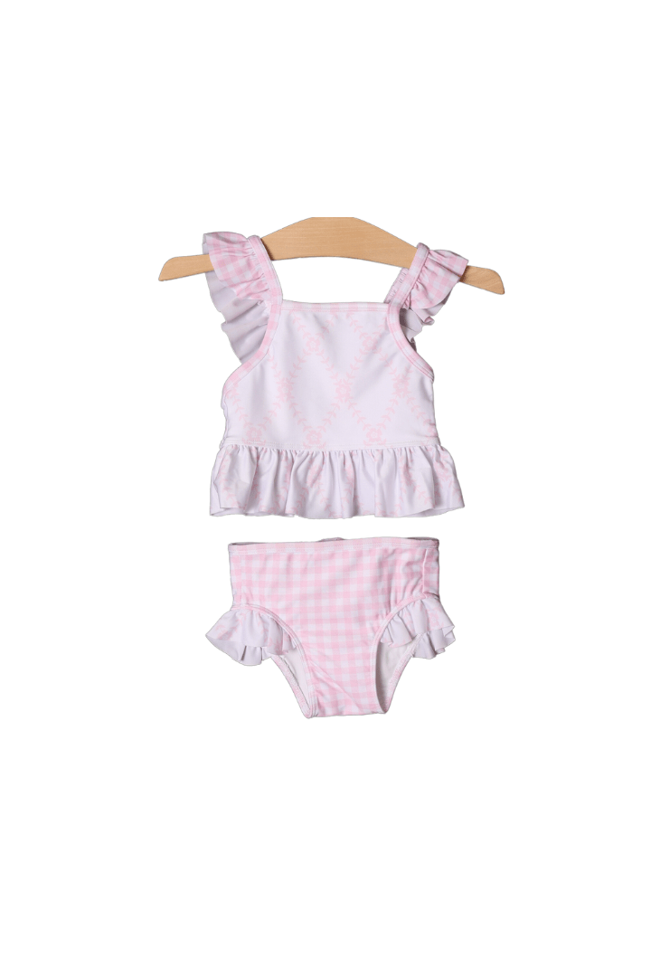Pre- Order Custom NameSmocked Pink Gingham Two Piece Swimsuit main image 0