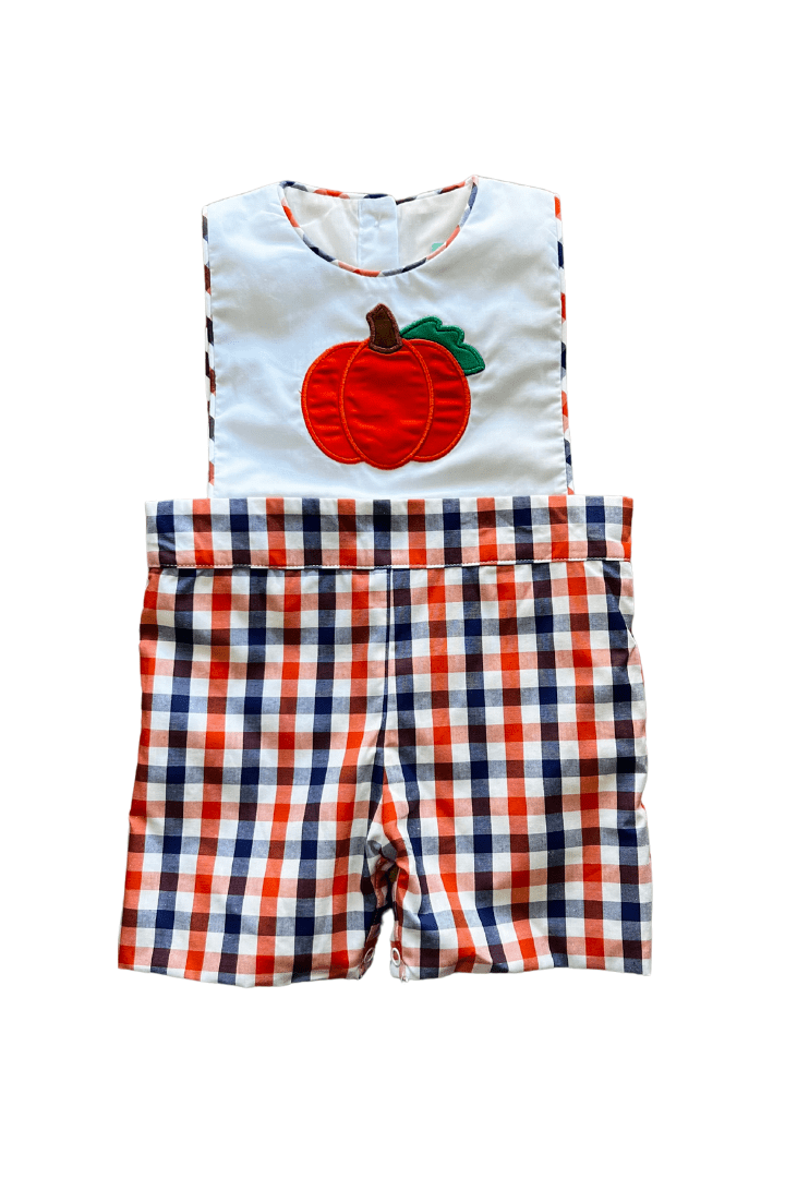 The Smocked Flamingo Plaid Pumpkin Appliqué Shortall