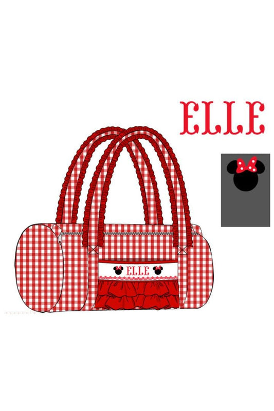 The Smocked Flamingo Pre-Order Custom Hand Smocked Red Gingham Mouse Duffle Bag