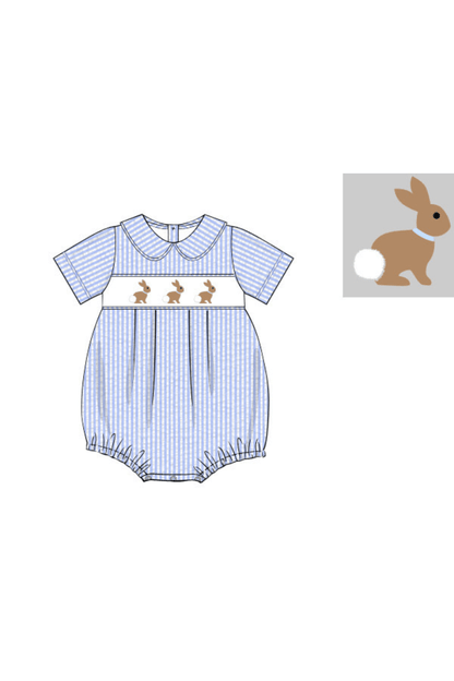 The Smocked Flamingo Pre-Order Hand Embroidered Bunny Blue BOY Bubble