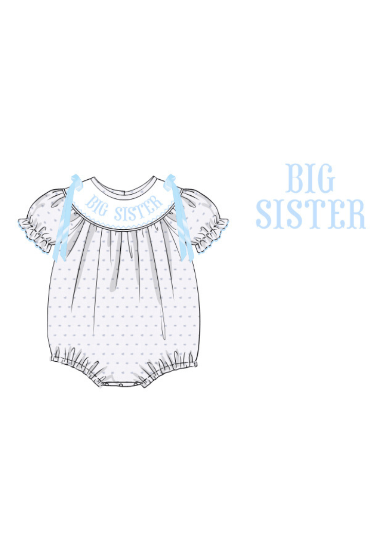 The Smocked Flamingo Pre-Order Hand Smocked BLUE Swiss Dot Big Sister Bubble