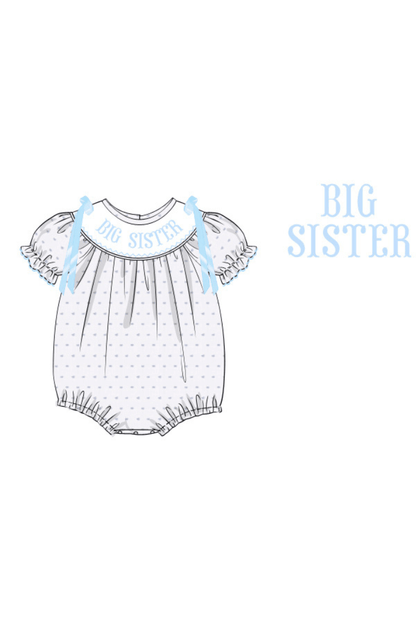 The Smocked Flamingo Pre-Order Hand Smocked BLUE Swiss Dot Big Sister Bubble