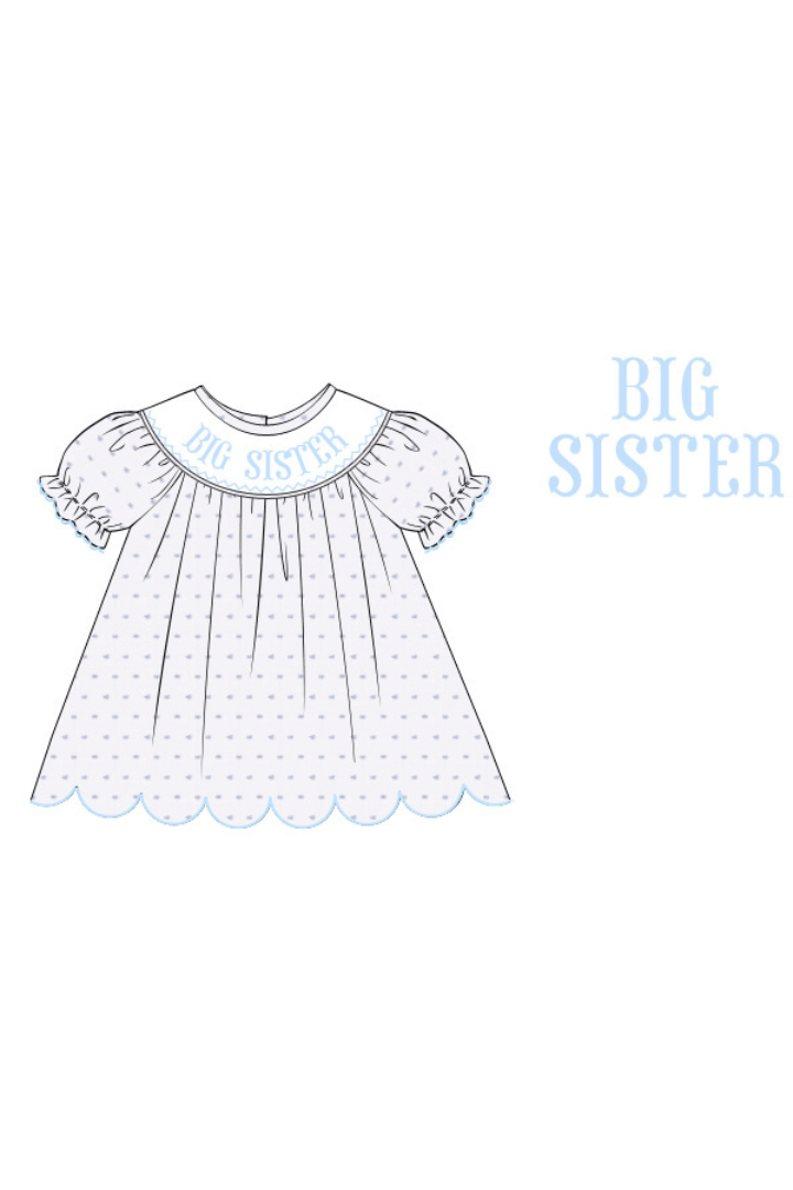 The Smocked Flamingo Pre-Order Hand Smocked BLUE Swiss Dot Big Sister Dress