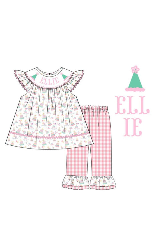 The Smocked Flamingo Pre-Order Hand Smocked Custom Name Birthday Set-Short Sleeve