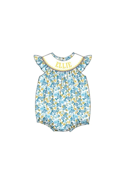 The Smocked Flamingo Pre-Order Hand Smocked Custom Name Blue and Yellow Floral Bubble