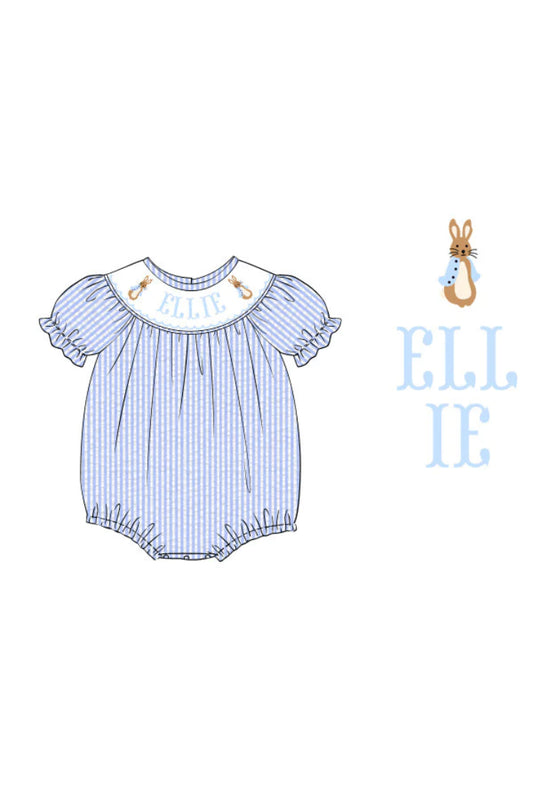 The Smocked Flamingo Pre-Order Hand Smocked Custom Name Blue Seersucker Bunny Bubble