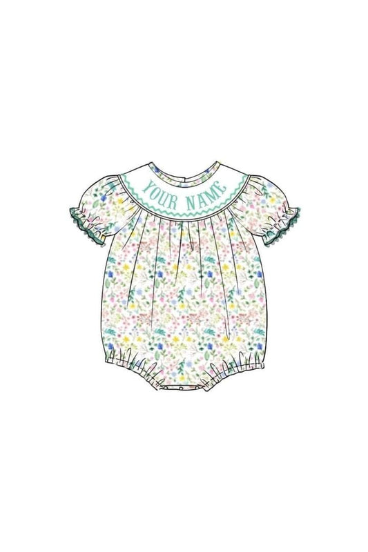 The Smocked Flamingo Pre-Order Hand Smocked Custom Name Floral Bubble