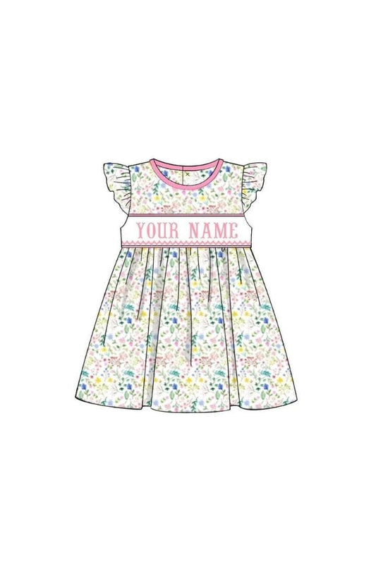 The Smocked Flamingo Pre-Order Hand Smocked Custom Name Floral Dress