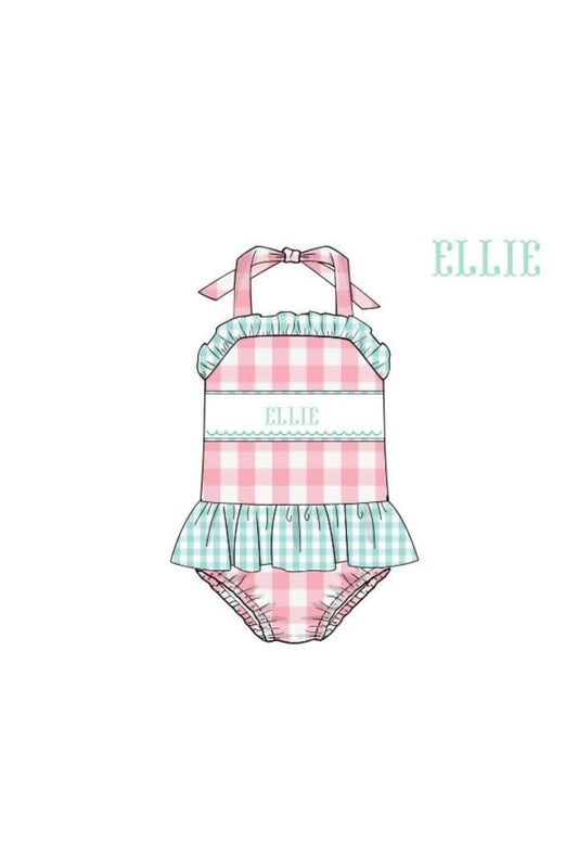 The Smocked Flamingo Pre-Order Hand Smocked Custom Name Gingham  Swimsuit