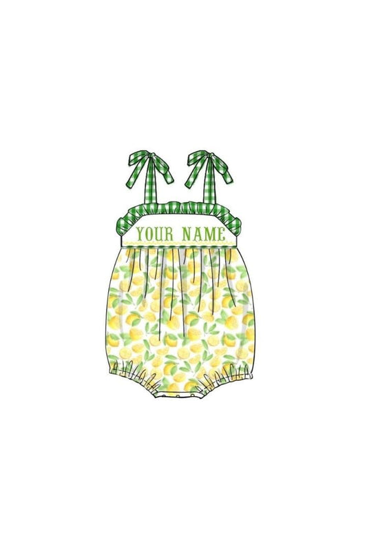 The Smocked Flamingo Pre-Order Hand Smocked Custom Name Lemon Gingham Bubble