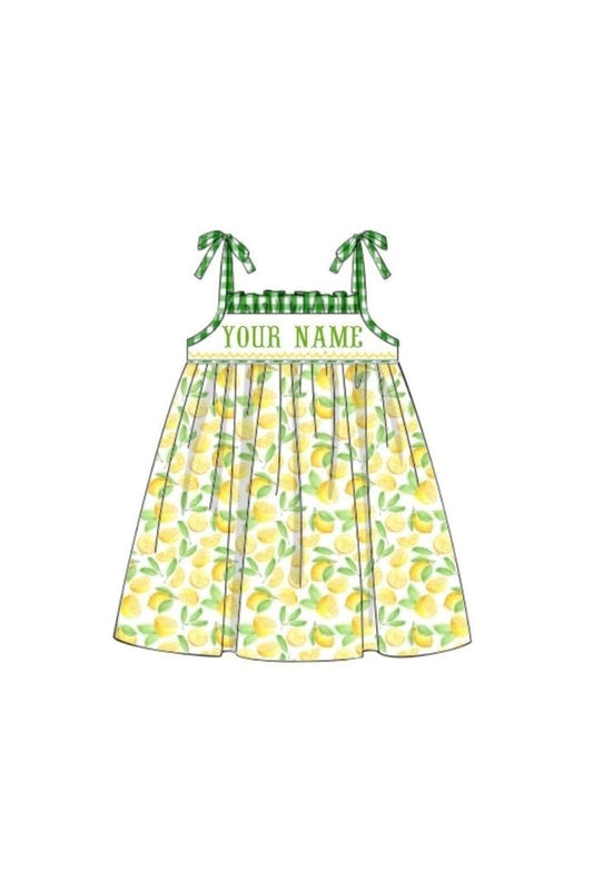 The Smocked Flamingo Pre-Order Hand Smocked Custom Name Lemon Gingham Dress