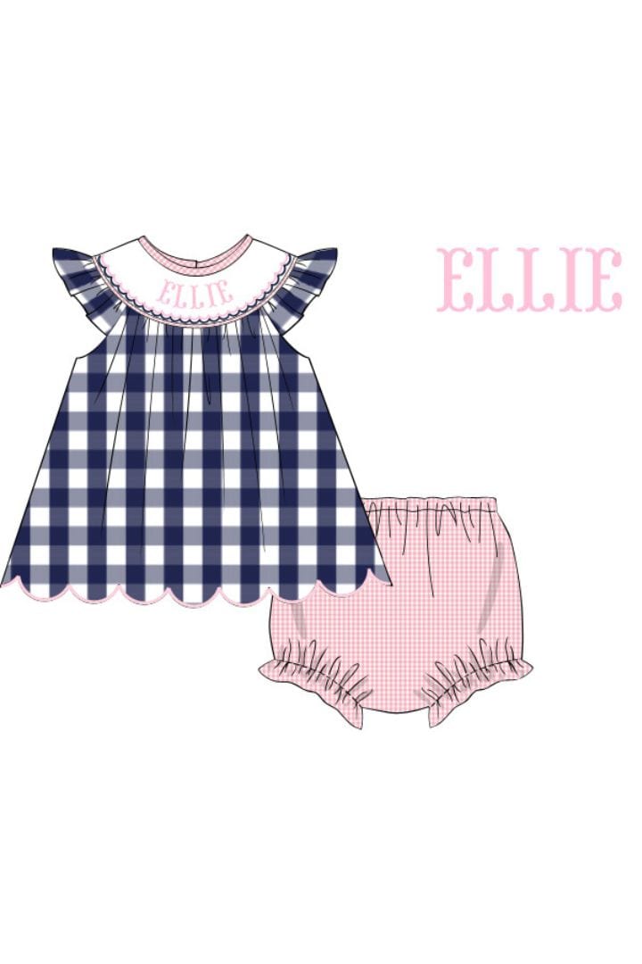 PreOrder Hand Smocked Custom Name Navy Gingham Bloomer Set