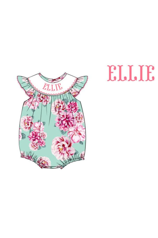 The Smocked Flamingo Pre-Order Hand Smocked Custom Name Peony Bubble