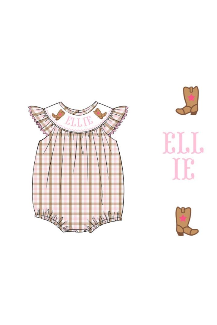 The Smocked Flamingo Pre-Order Hand Smocked Custom Name Pink and Tan Cowgirl Bubble