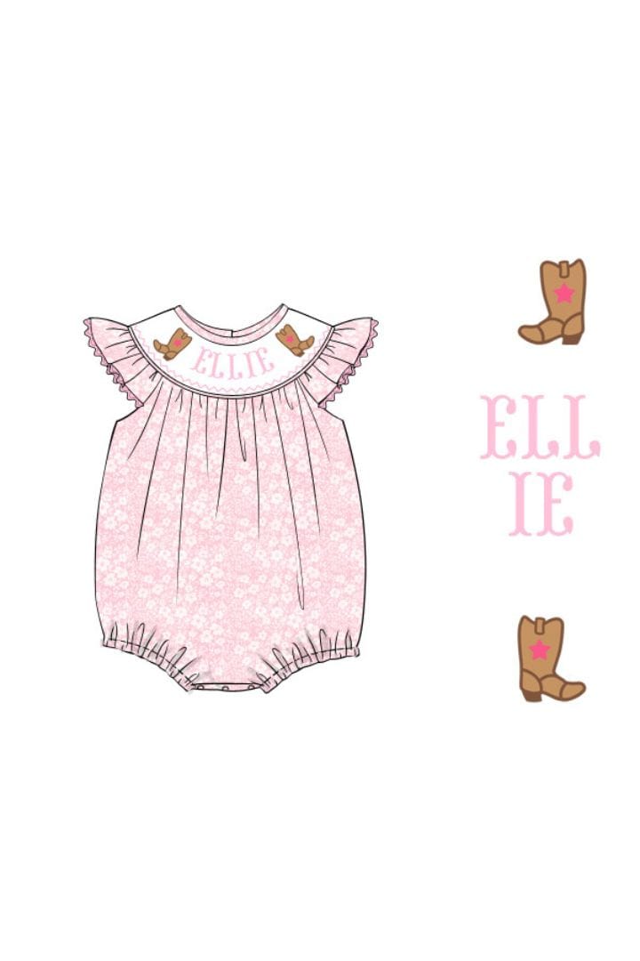 The Smocked Flamingo Pre-Order Hand Smocked Custom Name Pink Floral Cowgirl Bubble