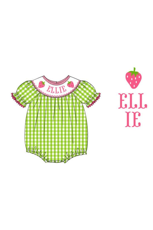 The Smocked Flamingo Pre-Order Hand Smocked Custom Name Strawberry Bubble