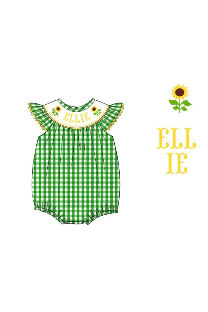 The Smocked Flamingo Pre-Order Hand Smocked Custom Name Sunflower Bubble