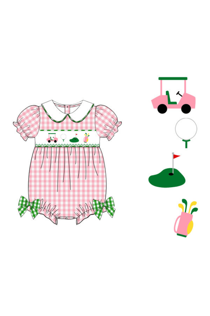 The Smocked Flamingo Pre-Order Hand Smocked Hole in One Pink/Green Gingham Bubble