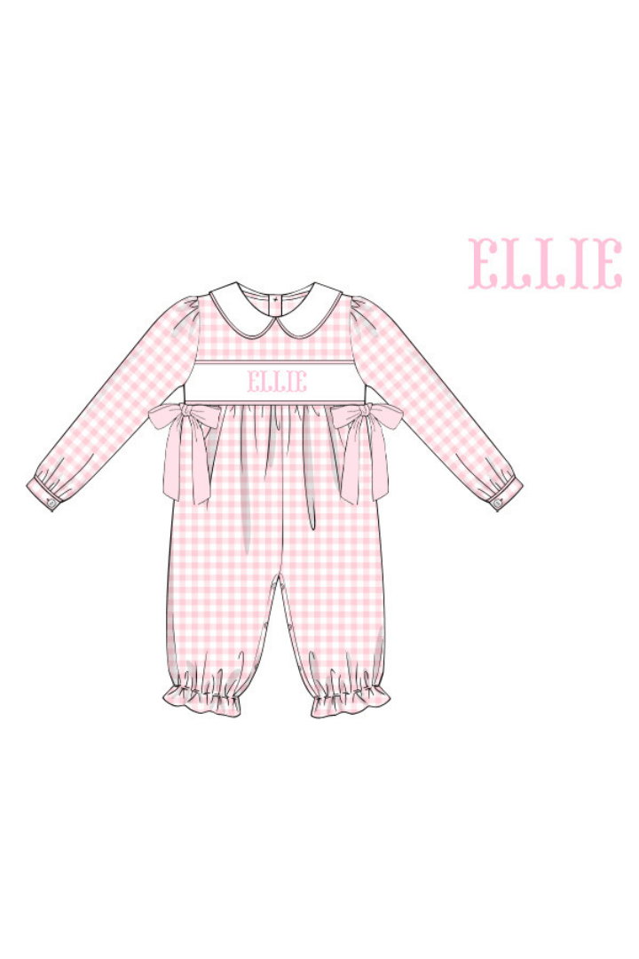 The Smocked Flamingo Pre-Order Hand Smocked Pink Gingham Bow Custom Name Romper