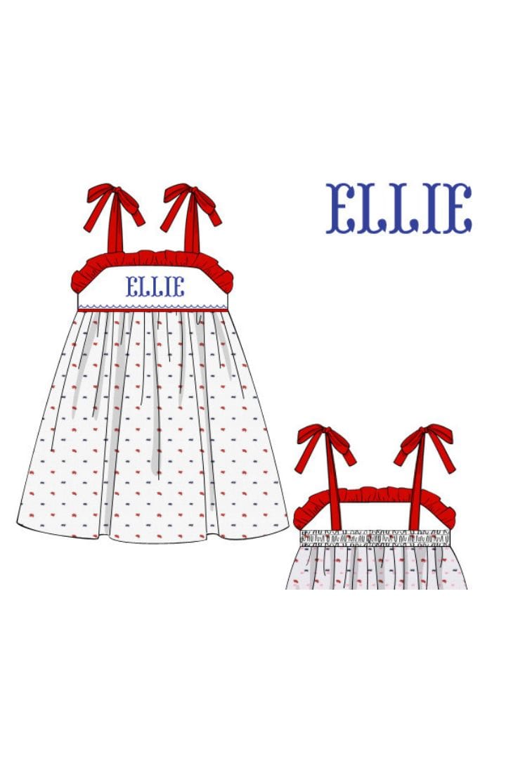 The Smocked Flamingo Pre-Order Hand Smocked Red Swiss Dot Name Sun Dress