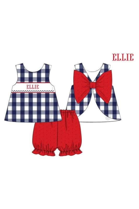 The Smocked Flamingo Pre-Order Hand Smocked Red, White and Blue Gingham Name Bow Set