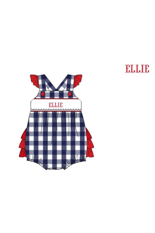 The Smocked Flamingo Pre-Order Hand Smocked Red, White and Blue Gingham Name Bubble