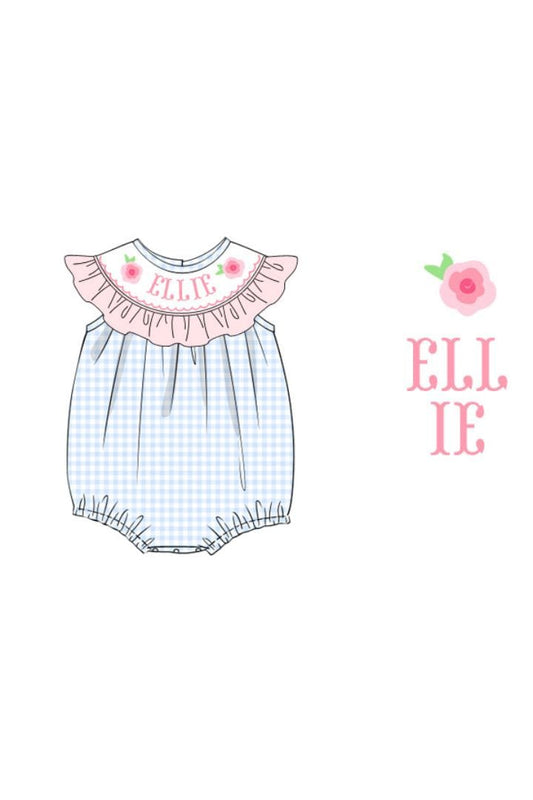 The Smocked Flamingo Pre-Order Hand Smocked Run for the Roses Derby BLUE Gingham Bubble