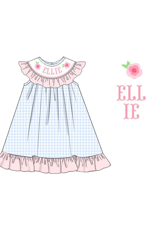 The Smocked Flamingo Pre-Order Hand Smocked Run for the Roses Derby BLUE Gingham Dress