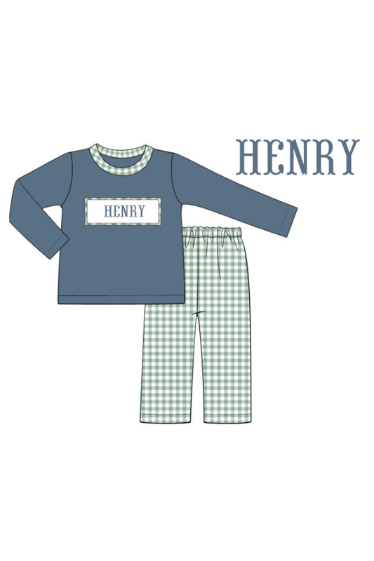 The Smocked Flamingo Pre-Order Monogramed Sage and Stone Gingham Custom Name Pant Set