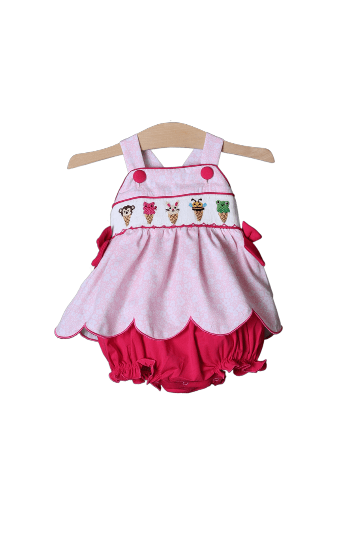 The Smocked Flamingo Pre-Order Smocked Animal Ice Cream Pink Floral Set