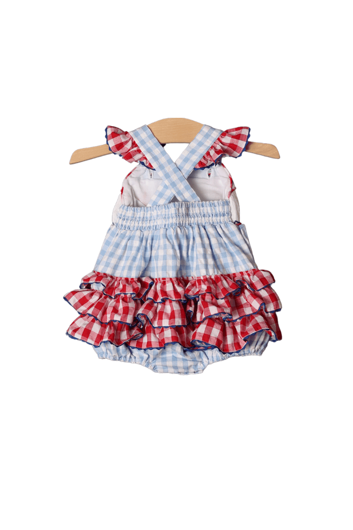 The Smocked Flamingo Smocked Baseball Blue Gingham Ruffle Bubble