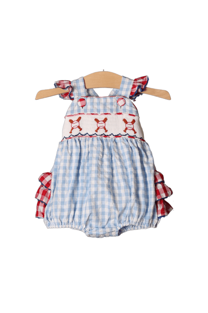 The Smocked Flamingo Smocked Baseball Blue Gingham Ruffle Bubble