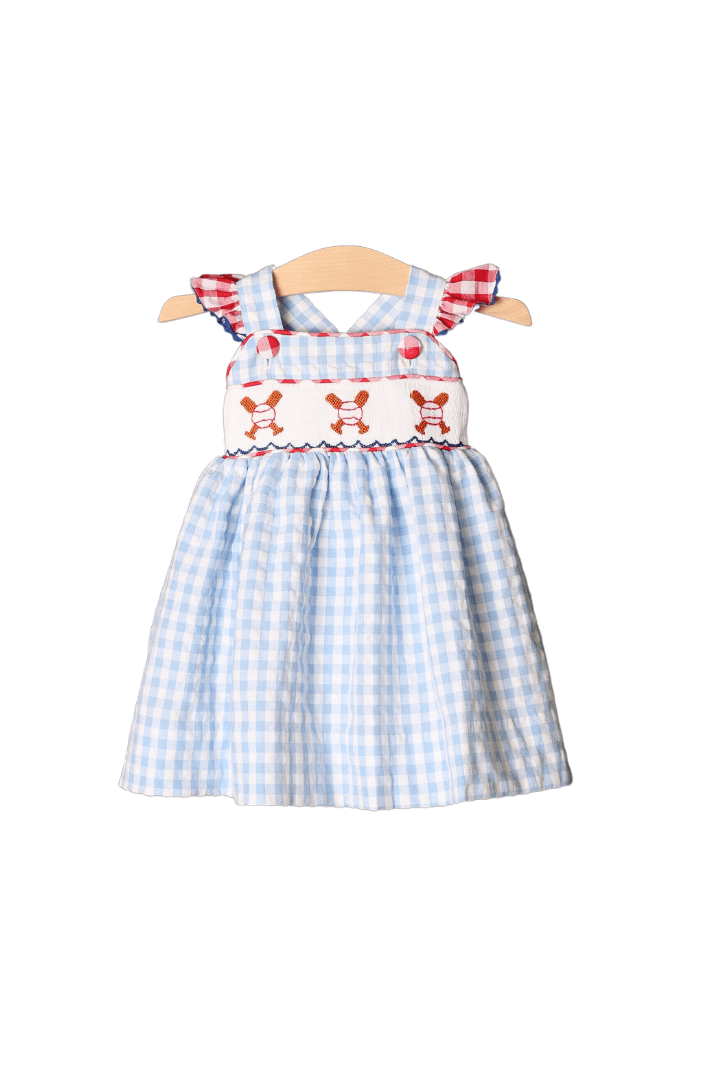 The Smocked Flamingo Smocked Baseball Blue Gingham Ruffle Dress