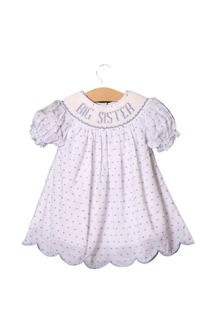 The Smocked Flamingo Smocked BLUE Swiss Dot Big Sister Dress